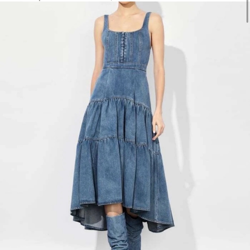 Alice + Olivia Denim DIANA STRUCTURED MIDI DRESS in VINTAGE BLUE DENIM SZ 6 NEW